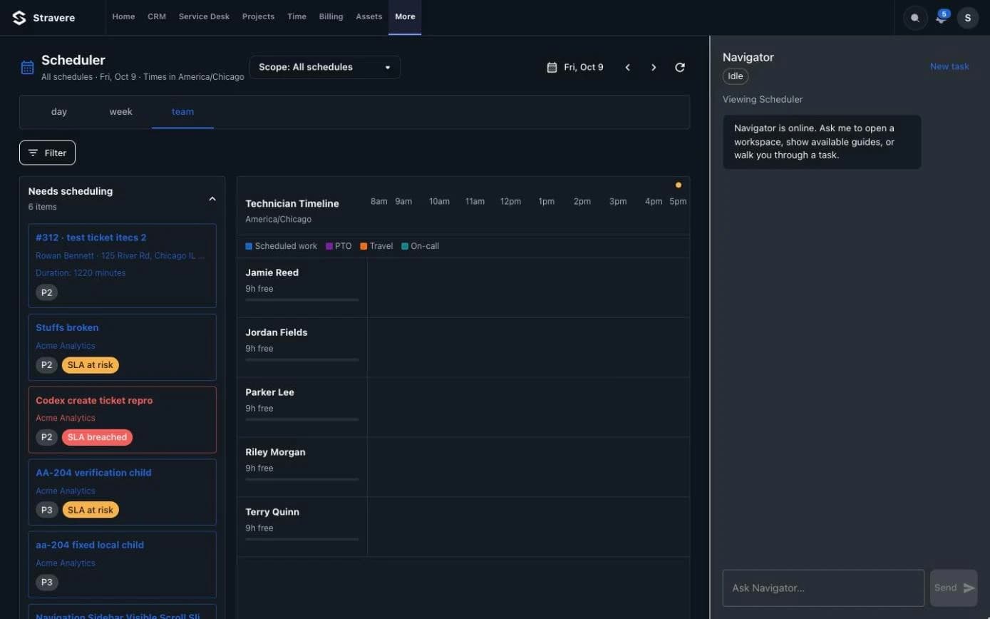Stravere Scheduler with a needs-scheduling queue beside the technician timeline