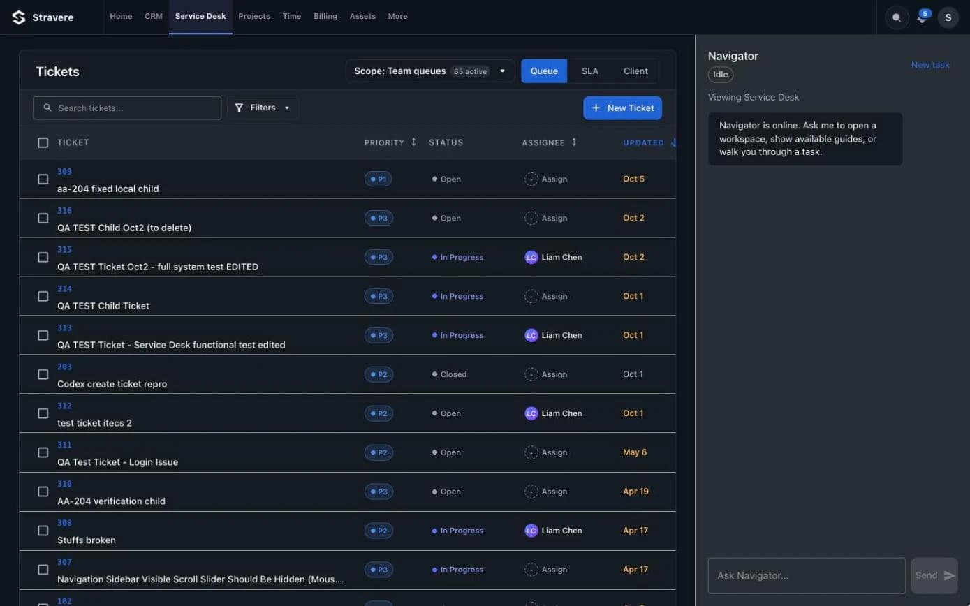 Stravere Service Desk ticket queue with priority, status and assignee